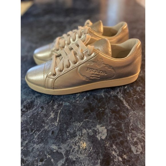 Prada Shoes - Prada Silver Leather Low Top Sneakers EU